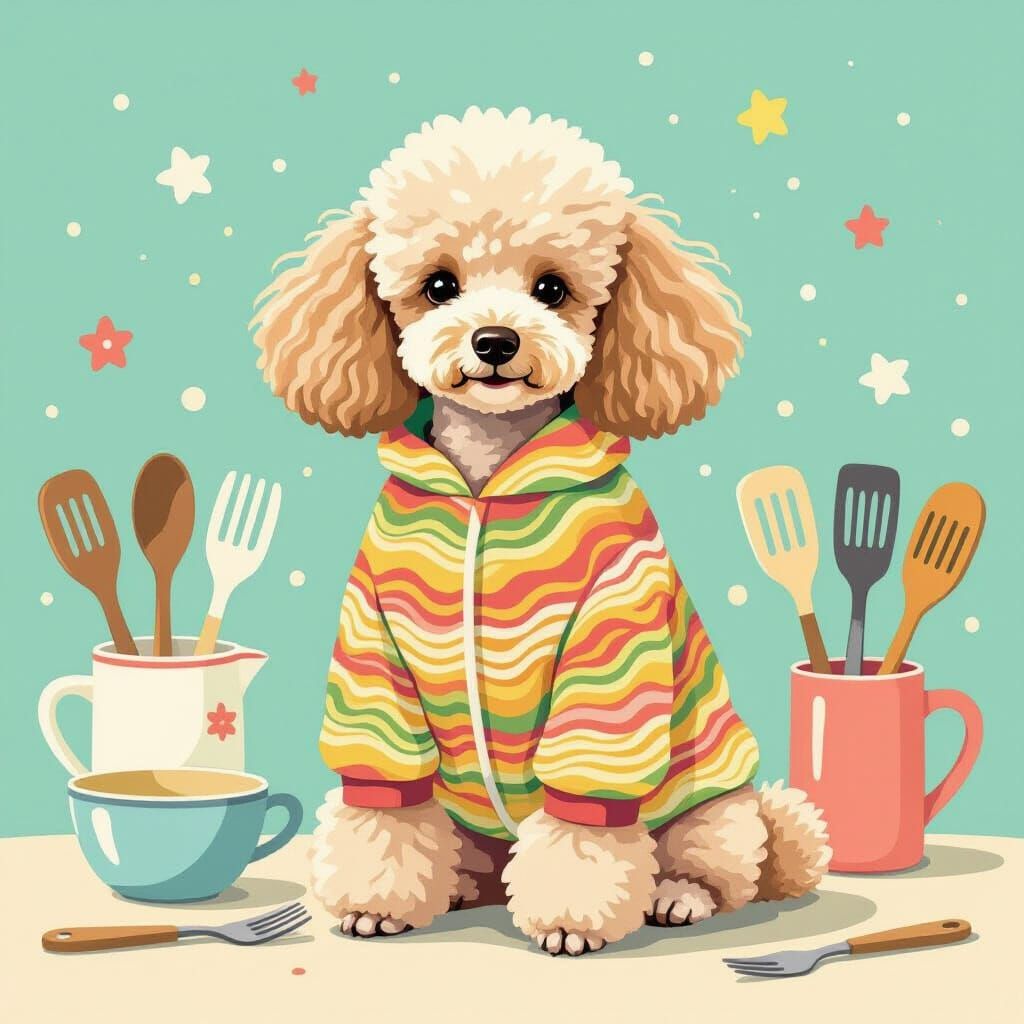 Poodle in Noodle Costume, Whimsical Pastel Art