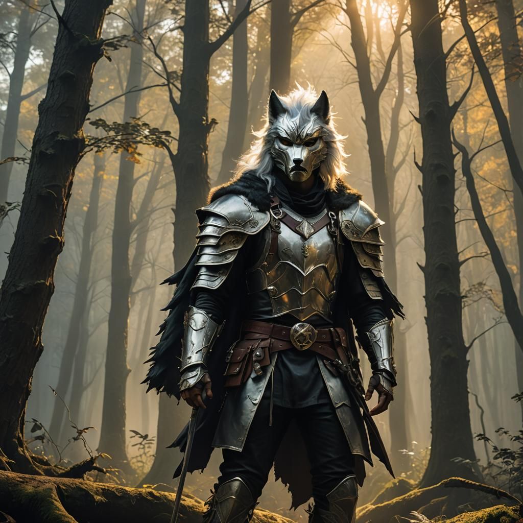 Wolf-Masked Warrior in Misty Forest, Fantasy Concept Art