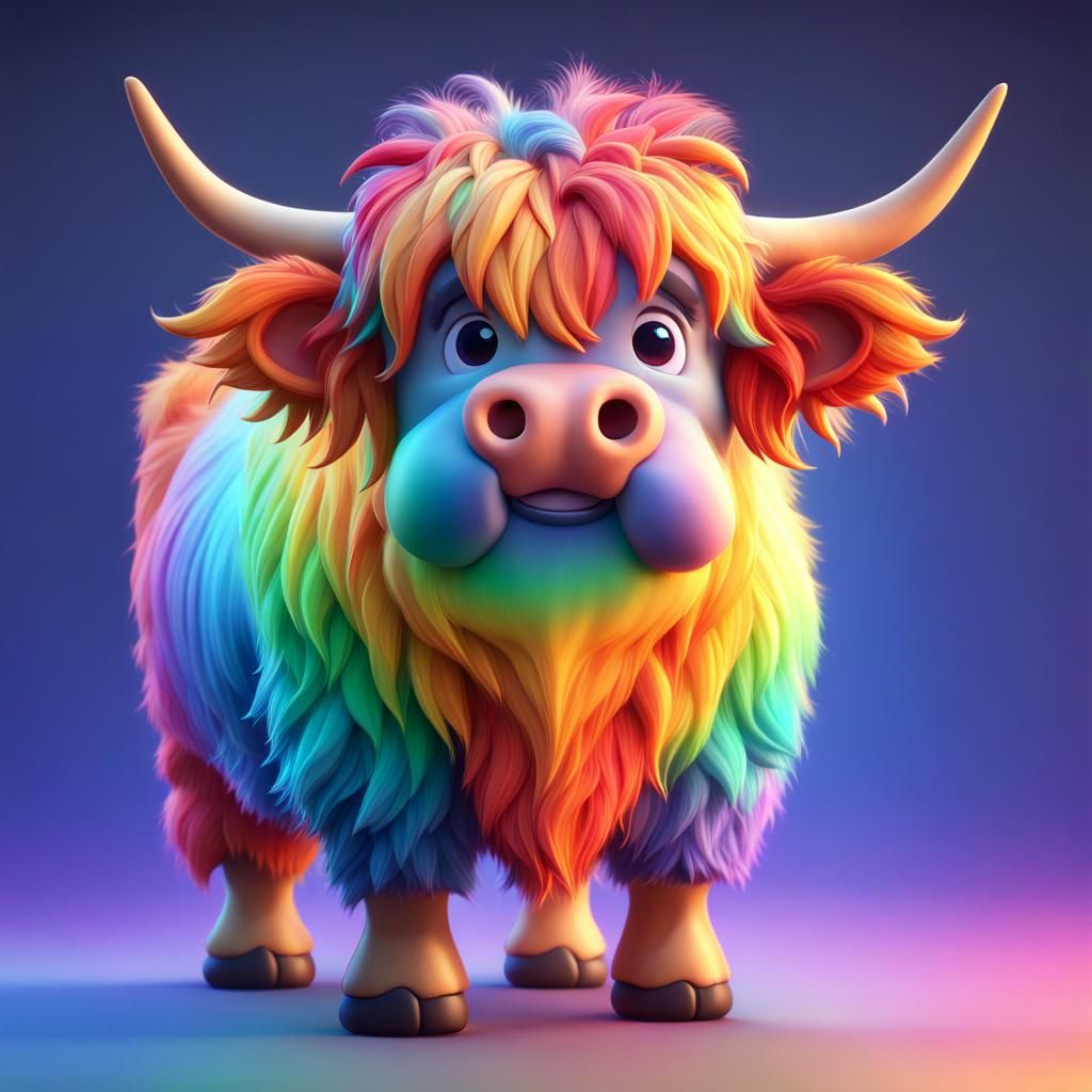 Rainbow Crystal Highland Cow in 3D Digital Art