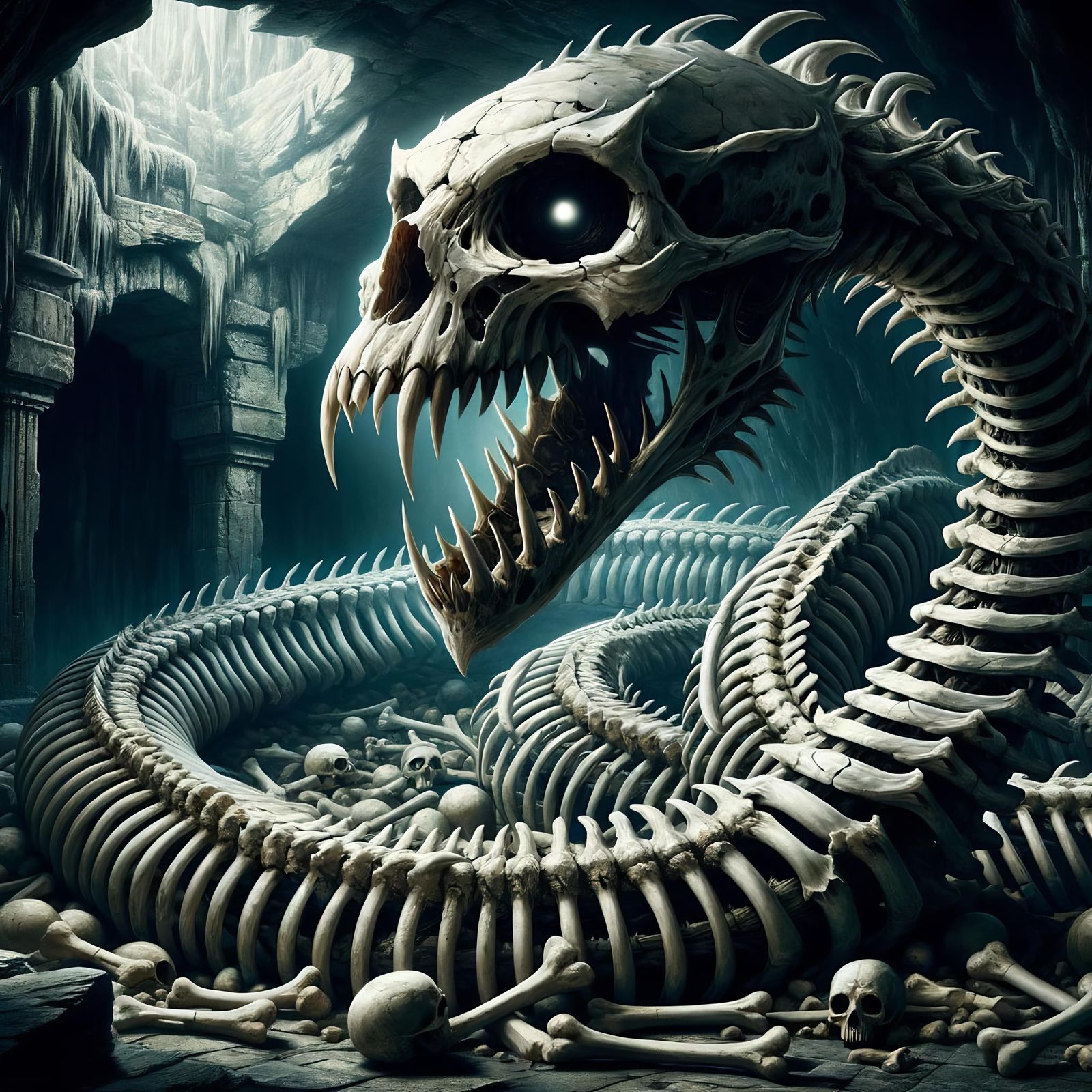 Coiled Bone Naga in Dimly Lit Cavern
