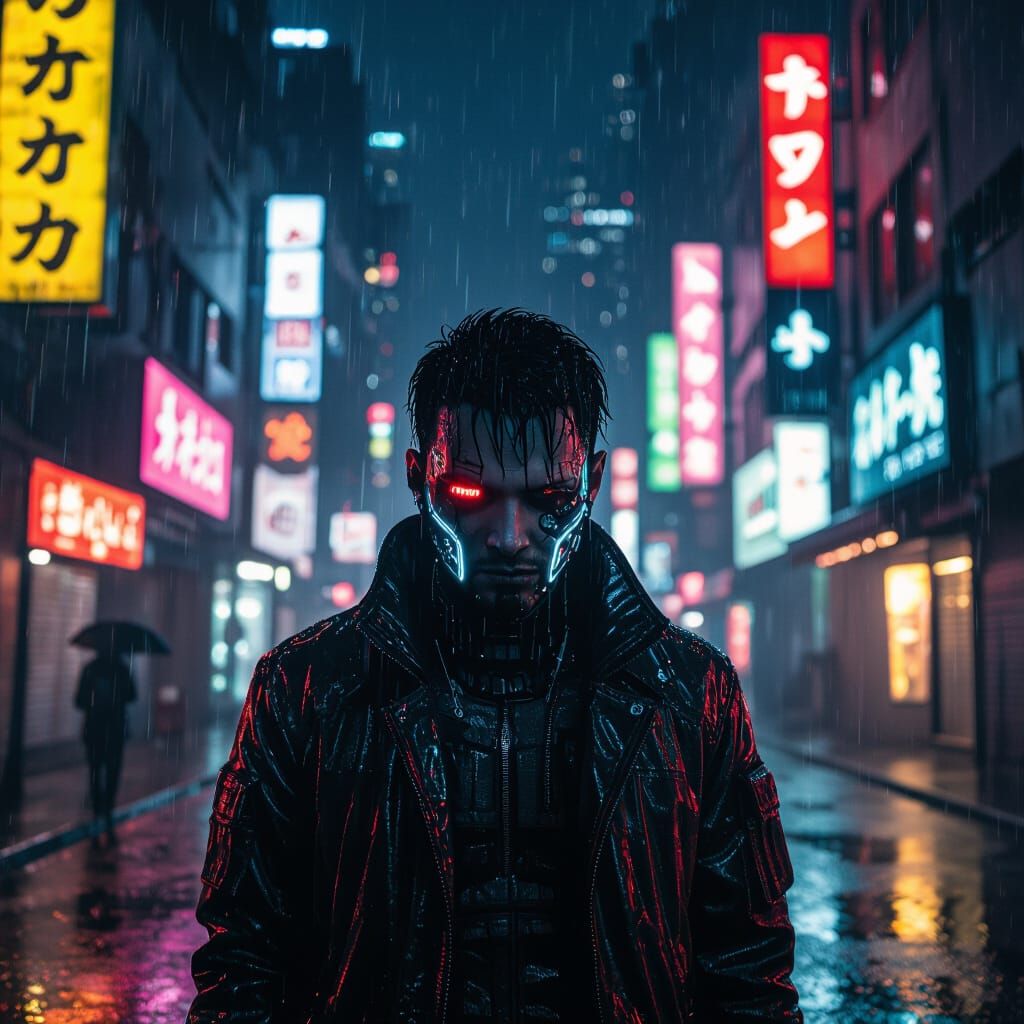 Mysterious Hacker in Neon Cyberpunk Cityscape