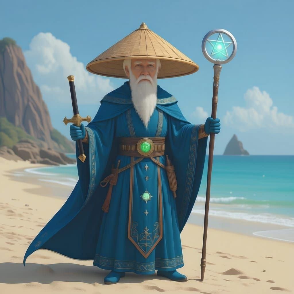 Heroic Sea-Blue Wizard Battling Serpent Lord