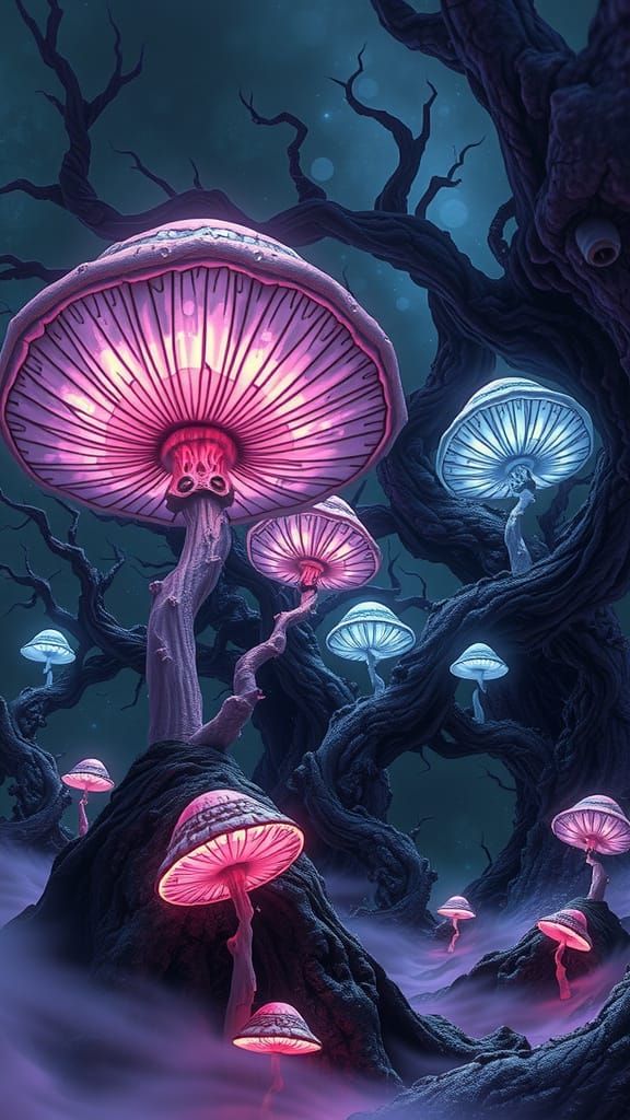 Surreal Bioluminescent Mushroom Forest with Ethereal Creatur...