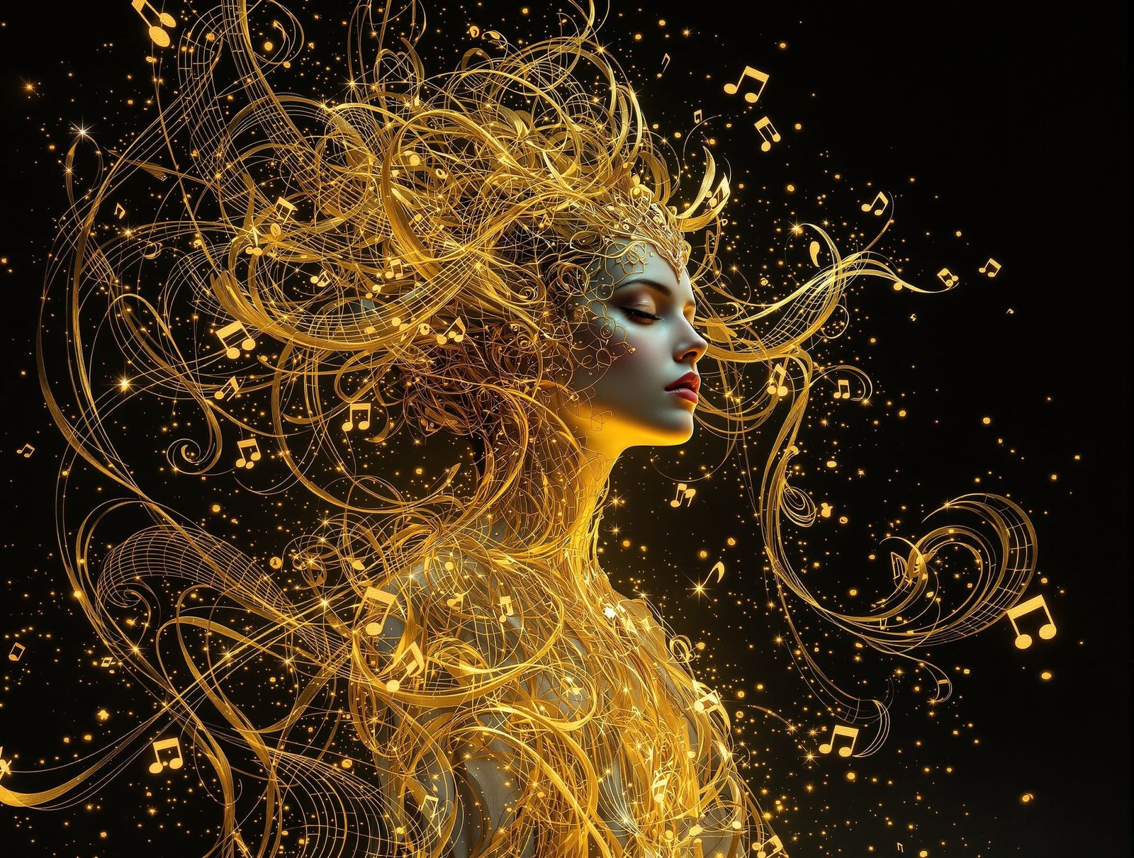 Golden Androgynous Figure Amidst Musical Notations