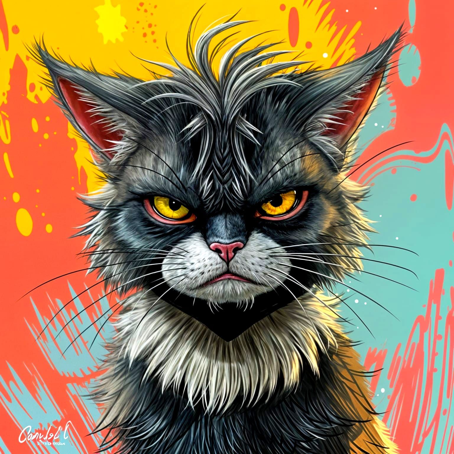 Exaggerated Grumpy Cat Cartoon in 3D Style
