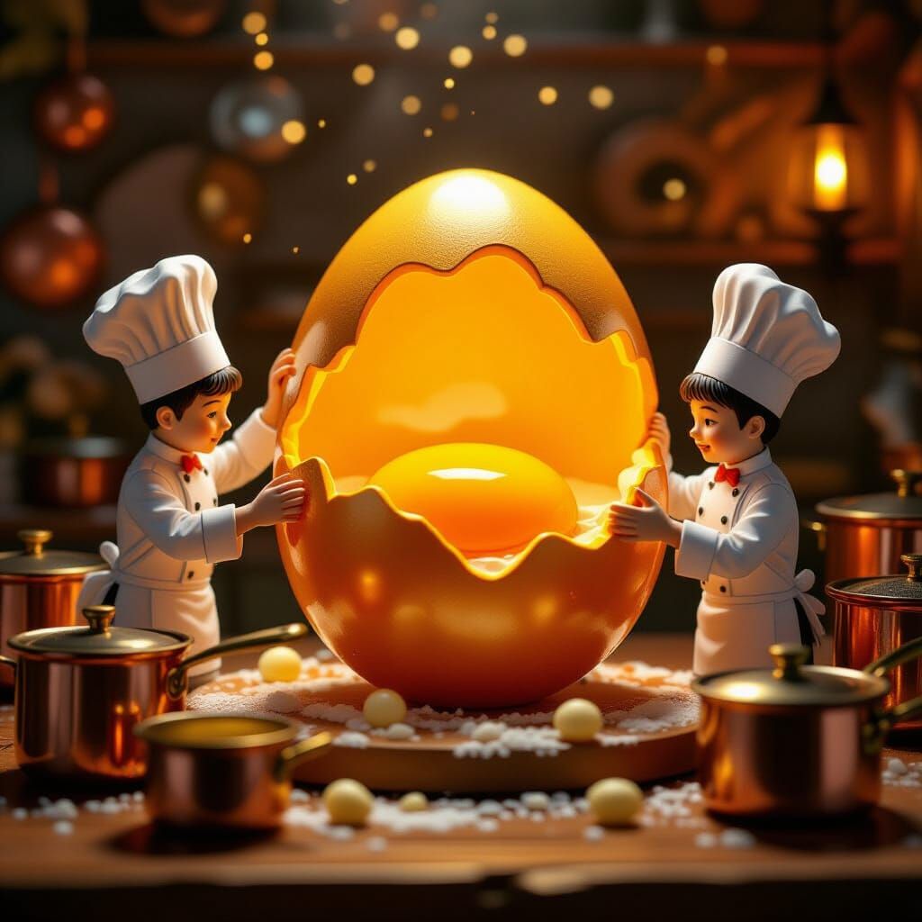 Miniature Chefs Prepare Giant Egg in 3D Fairy Tale Kitchen