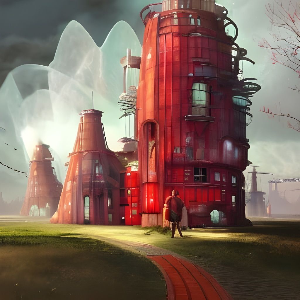 Towering Red Farmhouse in Sci-Fi Style