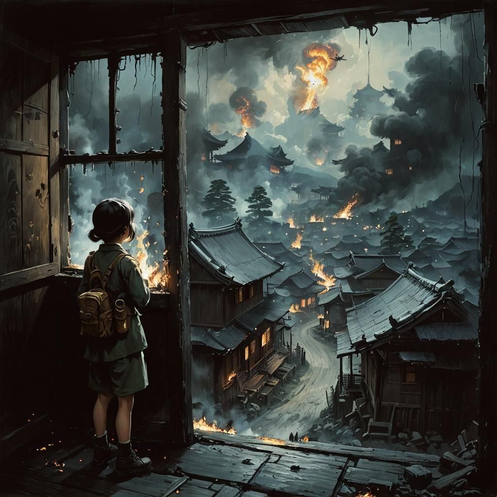 Noir Painting of Army Burning Japanese Village