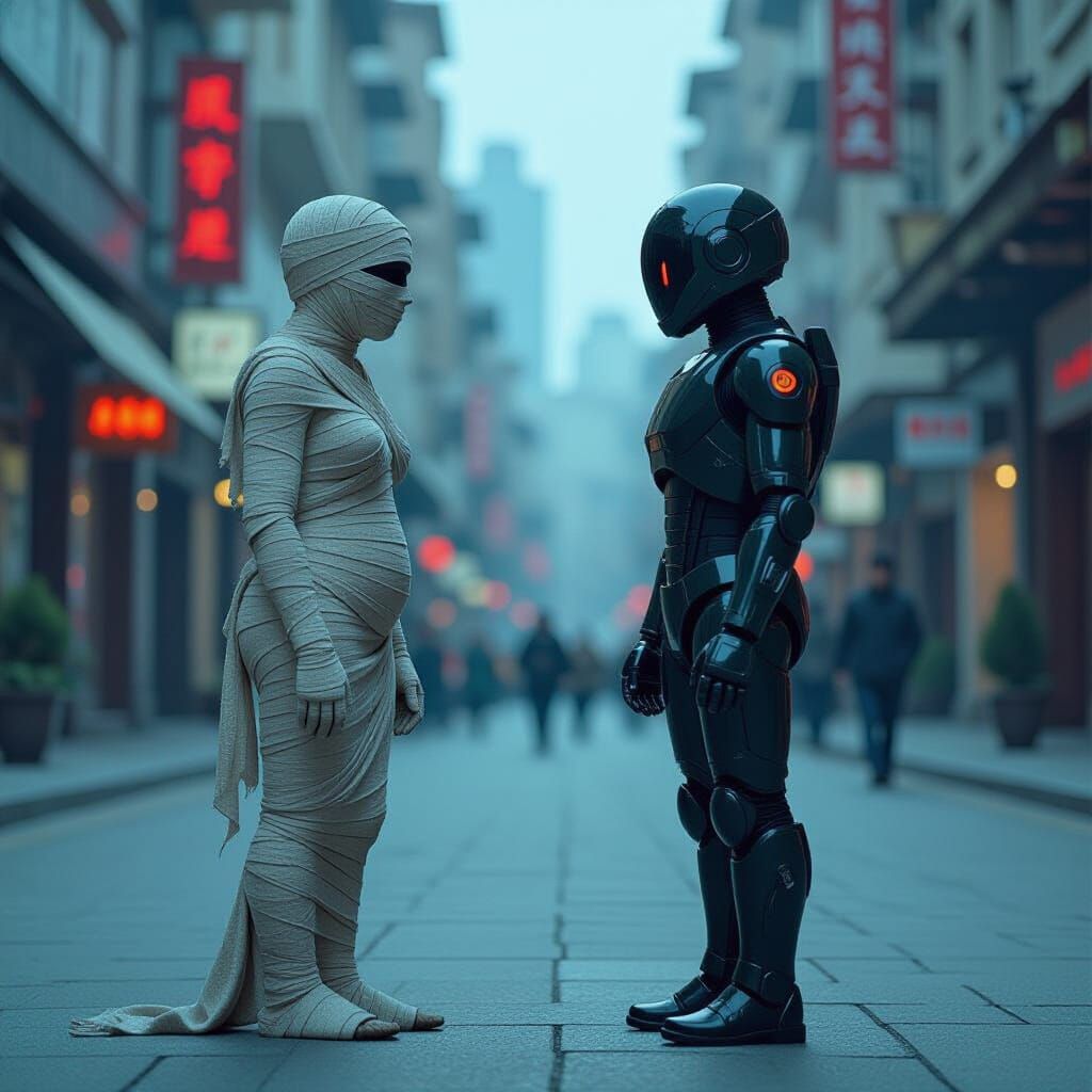 Mummy Meets Robot in Modern City, Cinematic Film Still