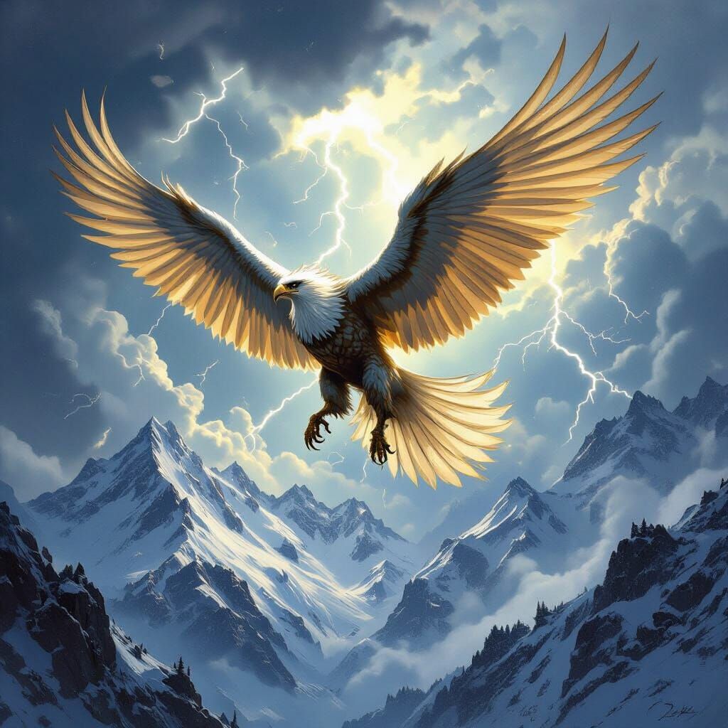 Griffin Soaring Through Stormy Sky in Fantasy Art Style