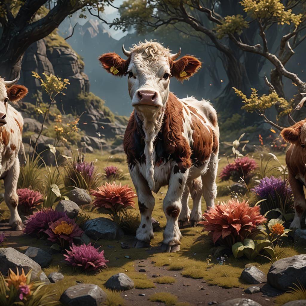 Fantastical Fluffy Baby Cow in Detailed Matte Painting