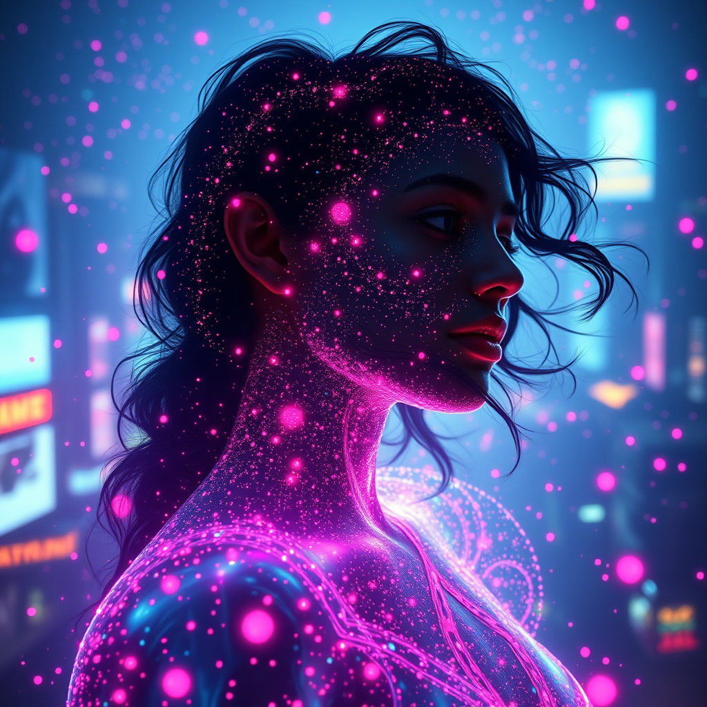 Ethereal Indian Woman Silhouette in Cyberpunk Cityscape
