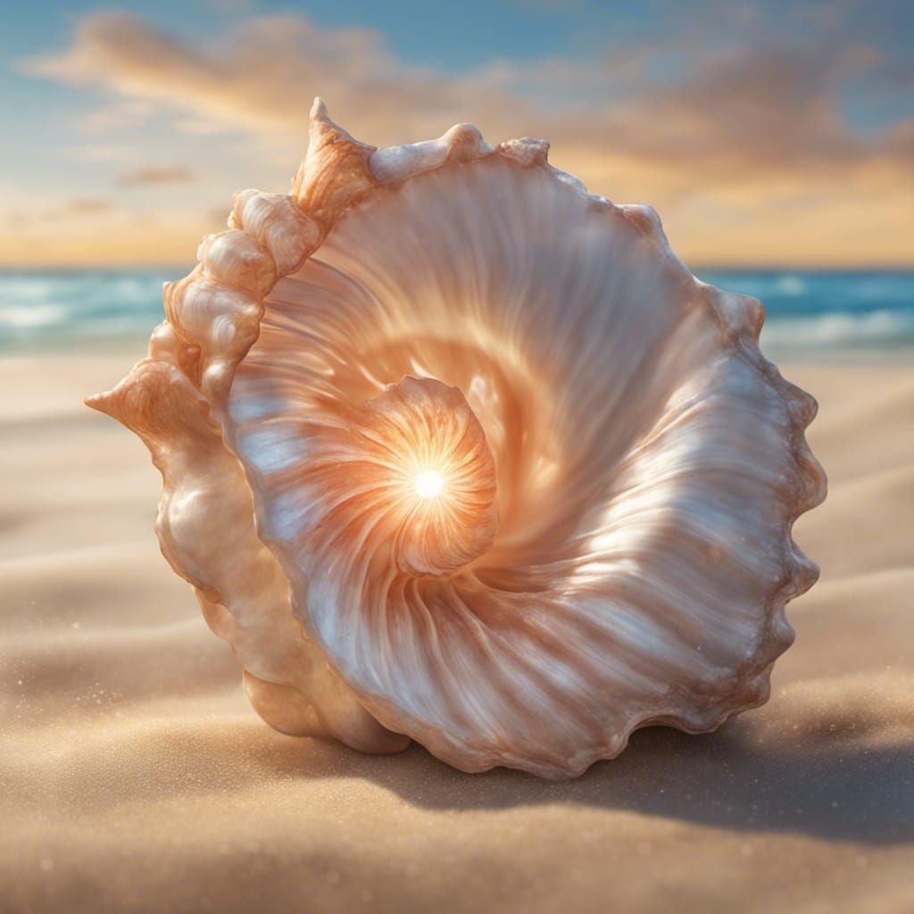 Glimmering Conch Shell on Beach, Art Nouveau Style