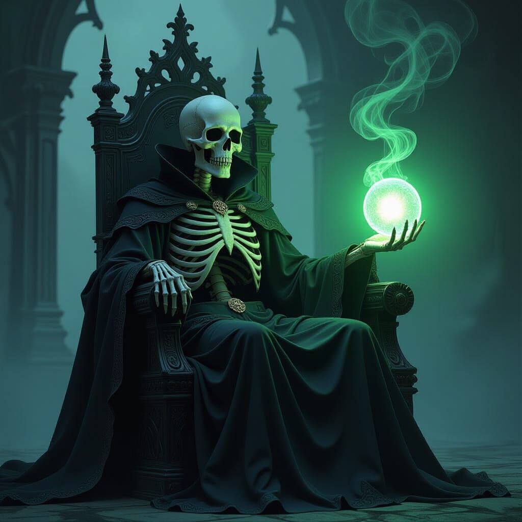 Skeletal King on Gothic Throne with Glowing Orb