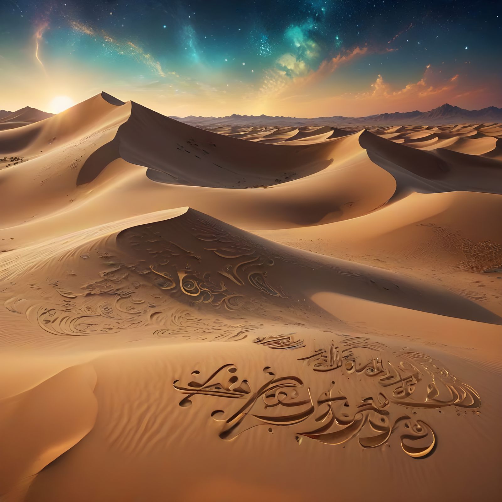 flowing Arabic calligraphy that morphs into the shape of san...
