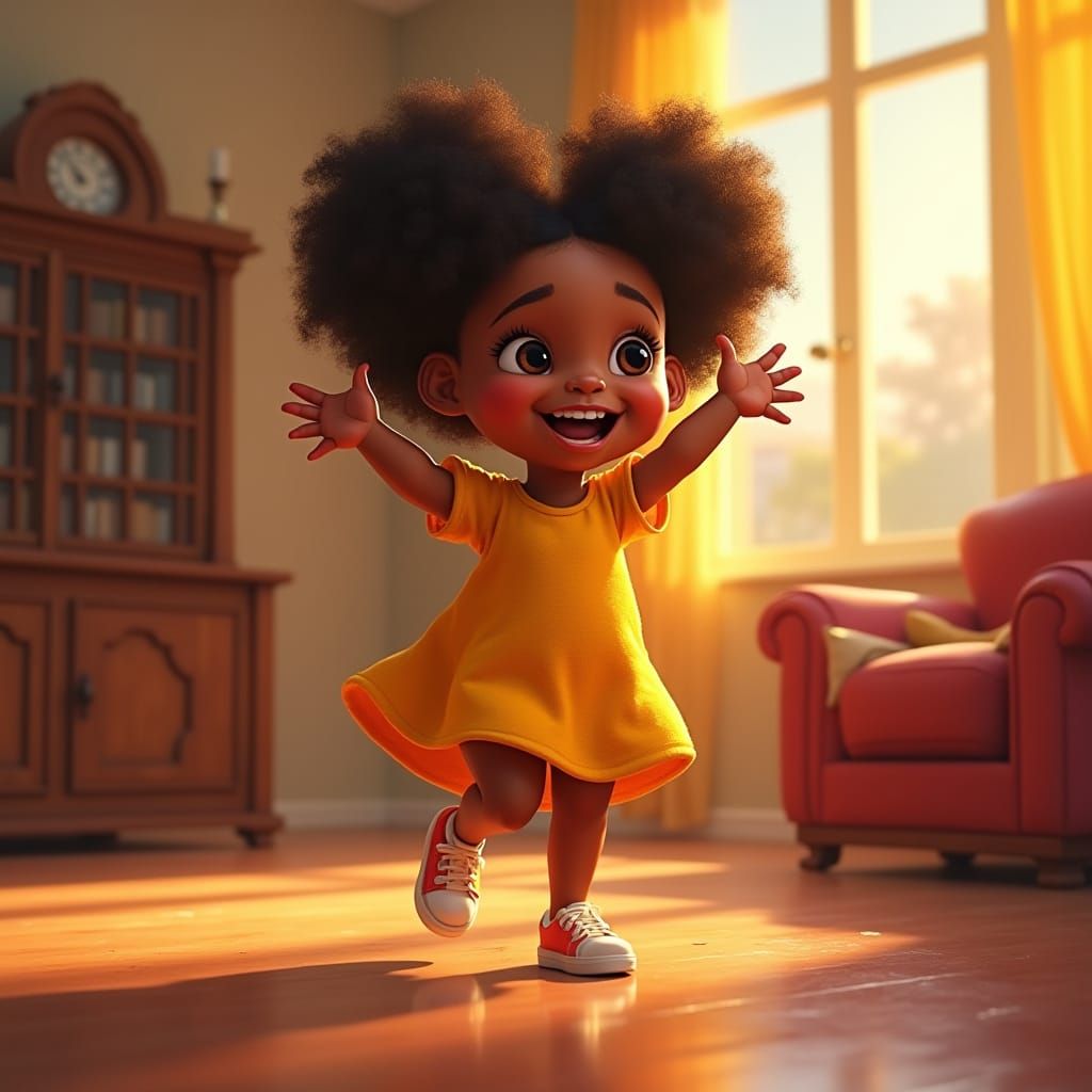 Joyful Black Girl Dancing in Family Living Room with Vibrant...