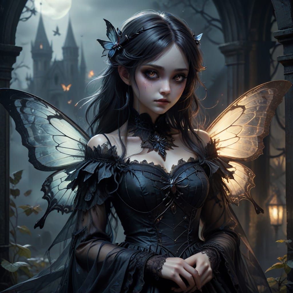 Gothic Anime Fairy with Shadow Butterfly