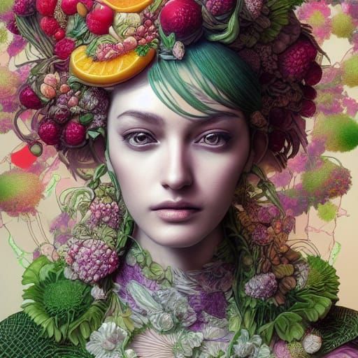 Elegant Woman Made of Fruits and Petals