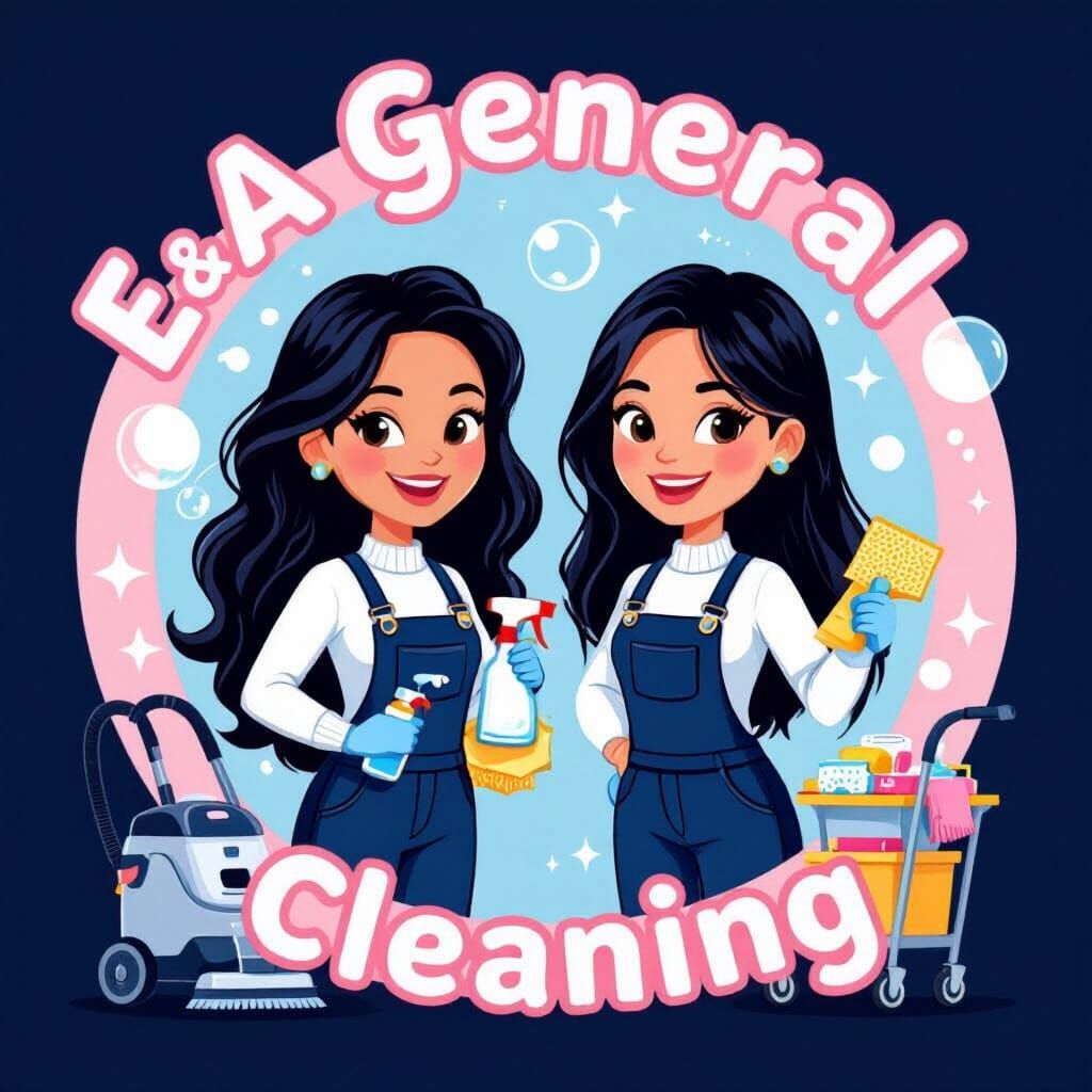 Cartoon Cleaning Service Logo with Women and Supplies