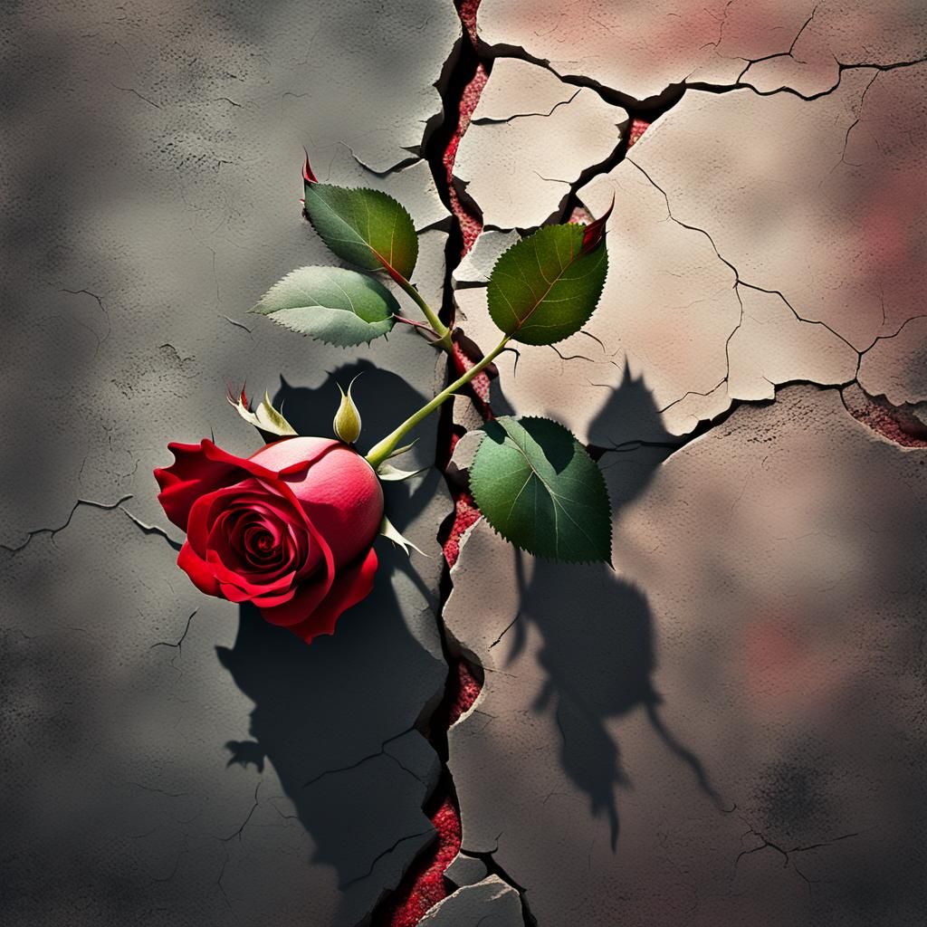 Red Rose Growing Through Concrete: Digital Art