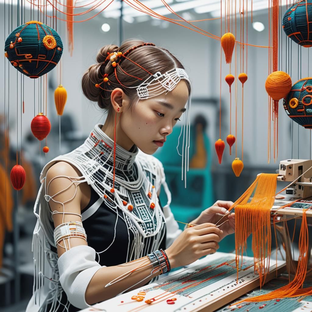 Cyborg Weaver Creating Embroidery in Futuristic City
