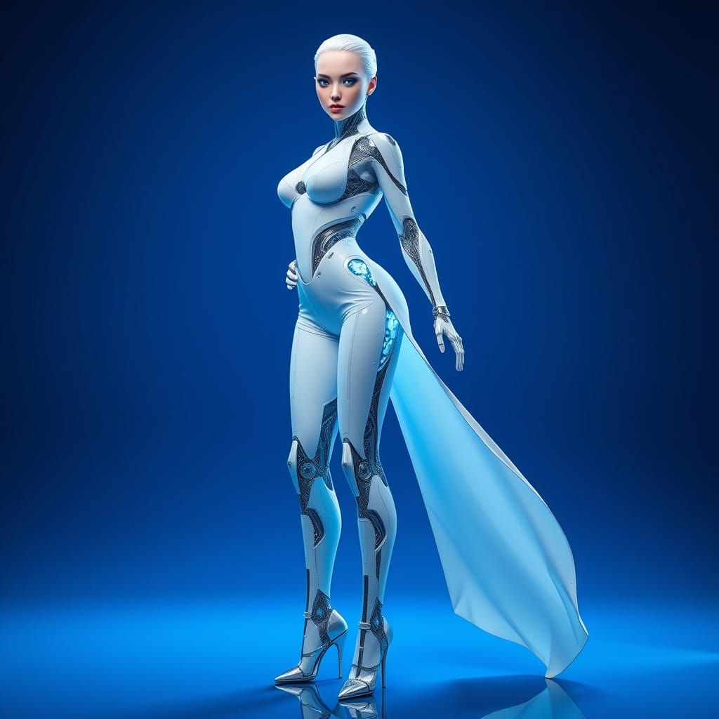 Cybernetic Femme in High Heels on Deep Blue Gradient Backgro...
