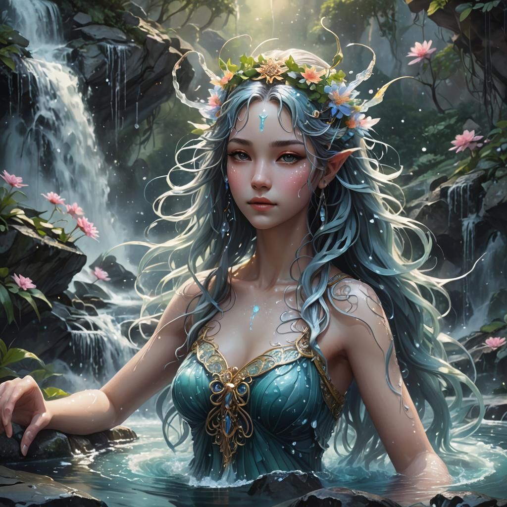 Anime Water Nymph Portrait with Waterfall