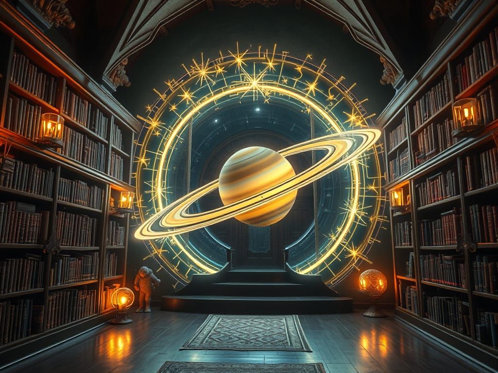 Enchanted Wizard Library in Quantum Portal with Glowing Orbs