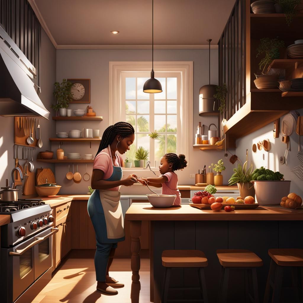 Black Woman Cooking with Toddler: Digital Art
