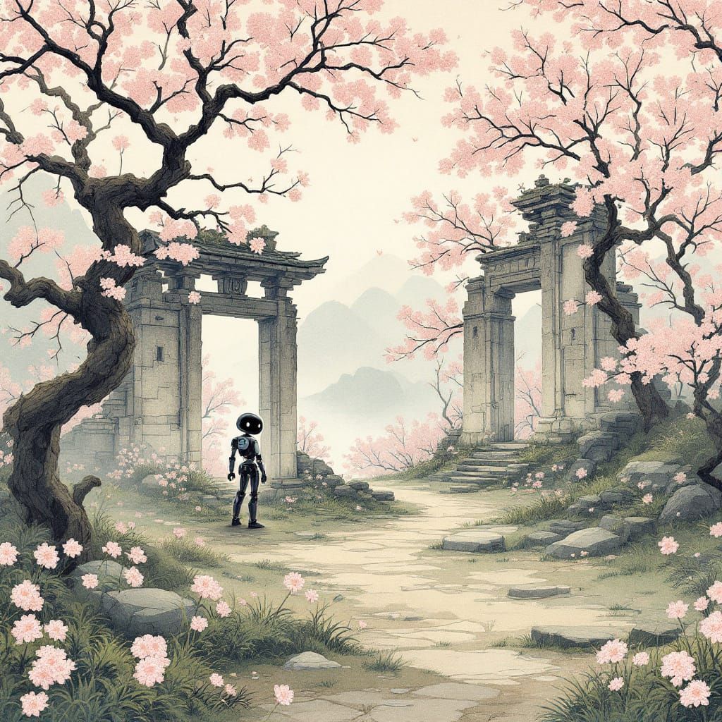 Ukiyo-e Robot Tends Cherry Blossom Temple Ruins