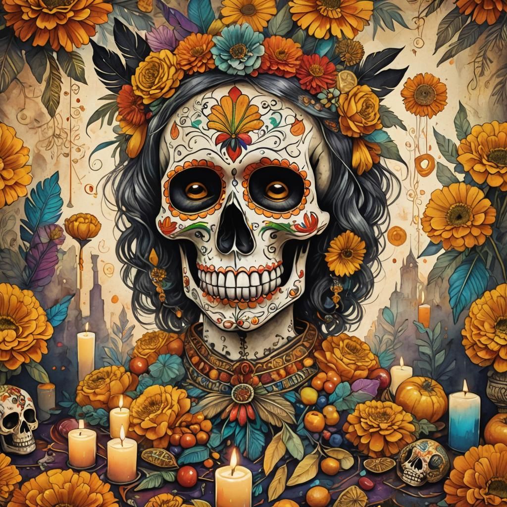 Ornate Sugar Skull on Day of the Dead Altar