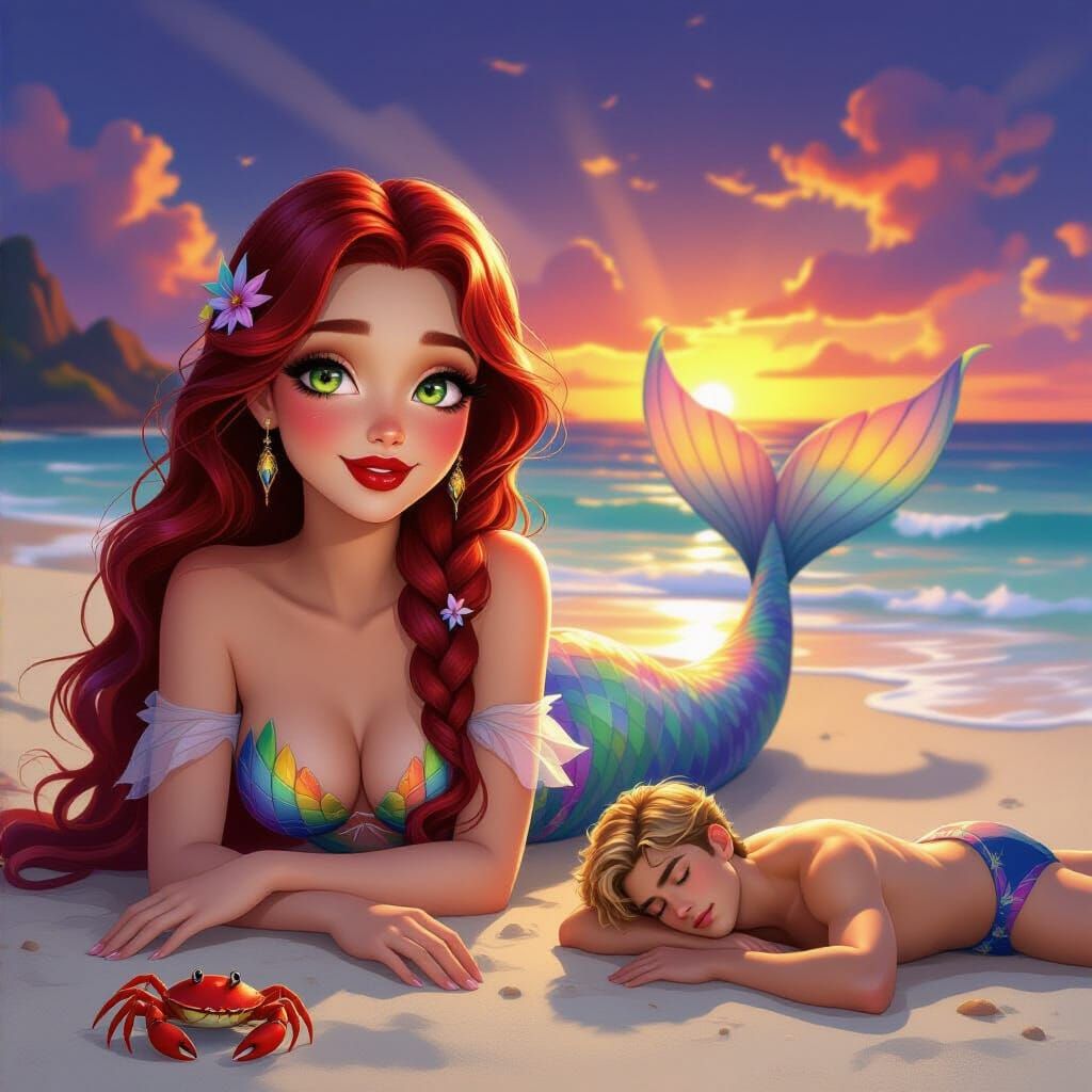 Enchanting Mermaid on a Sunset Beach