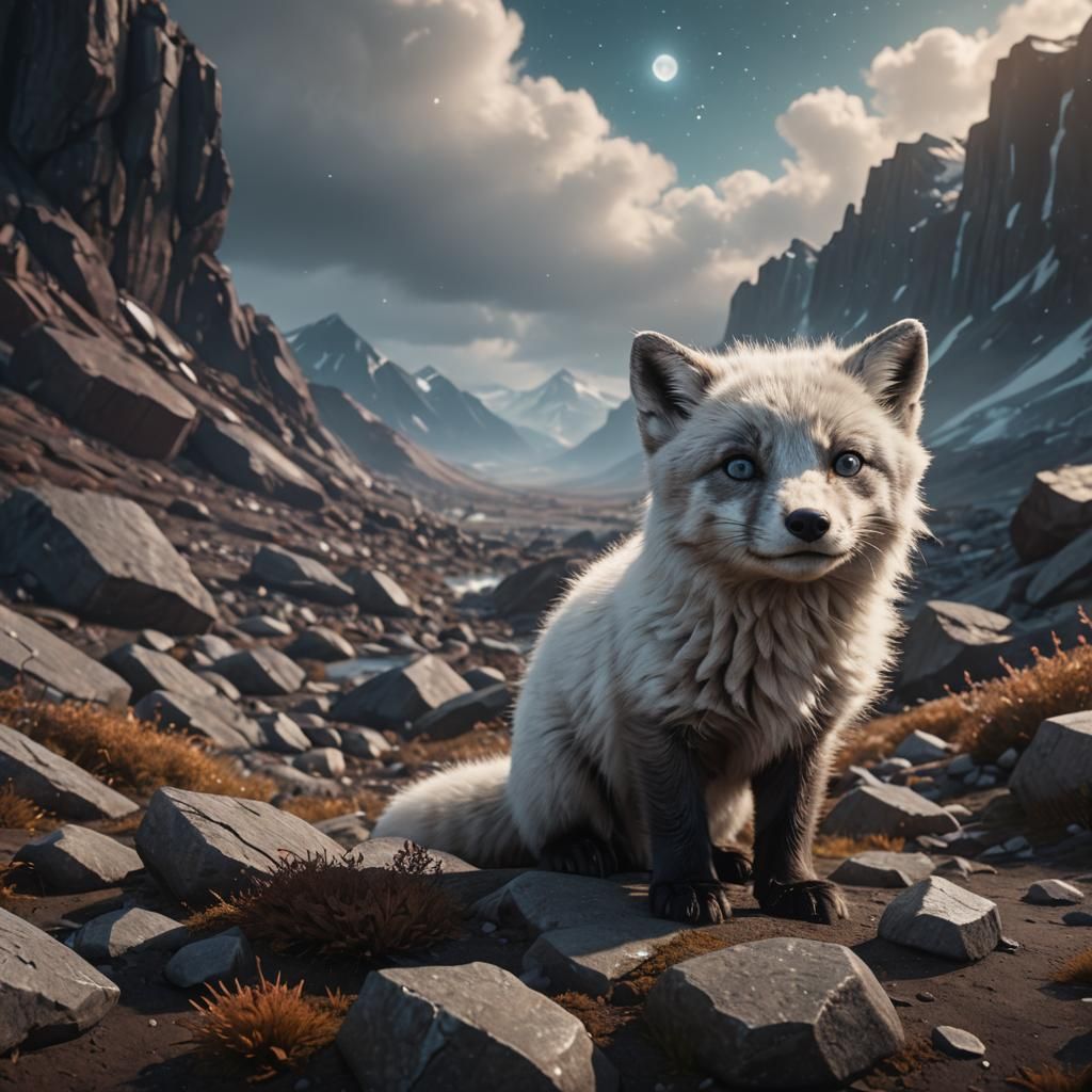 Baby Arctic Fox Searching: Detailed Matte Painting