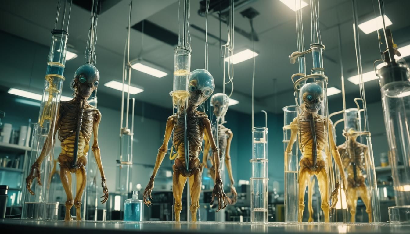 Humanlike Creatures in Liquid Tubes: Cinematic Film Still