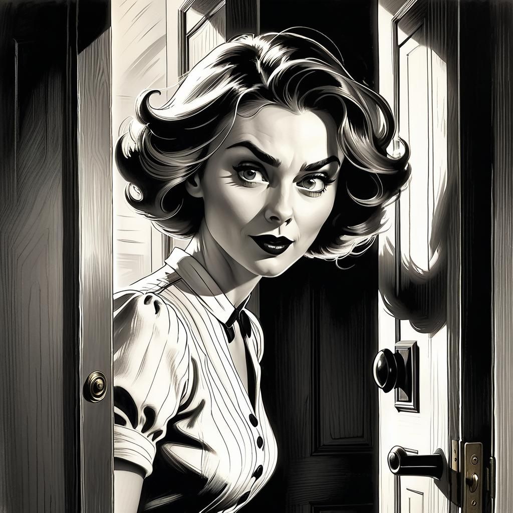 Grotesque Woman Bursts Through Door in Pencil Sketch Style