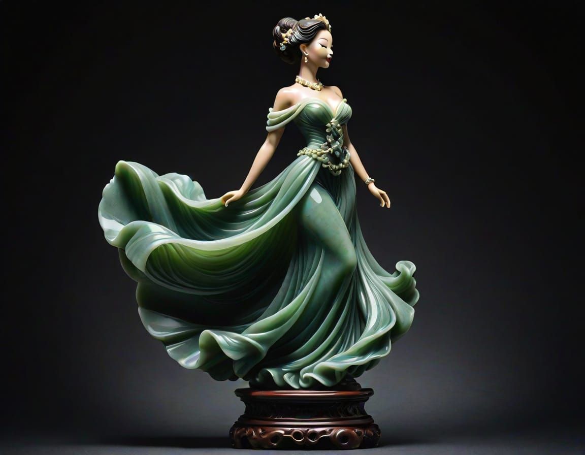 Ethereal Jade Goddess in a Darkened Gallery