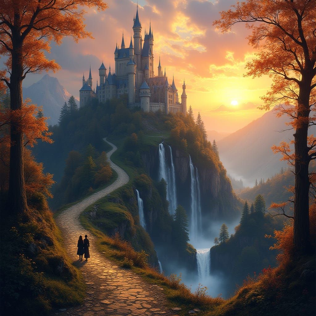 Enchanted Castle Sunset with Waterfalls and Autumn Trees