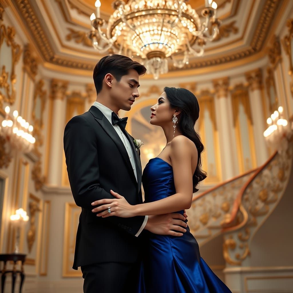 Elegant Couple in Lavish Baroque Ballroom
