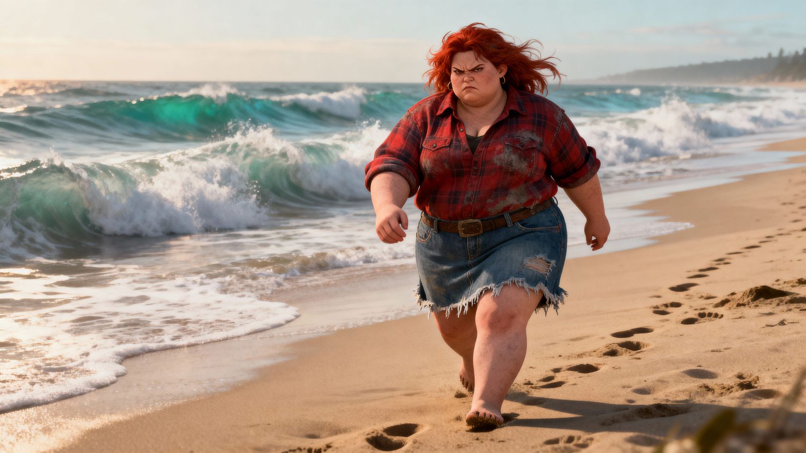 Obese Redneck Barmaid on Beach in 3D Anime Style