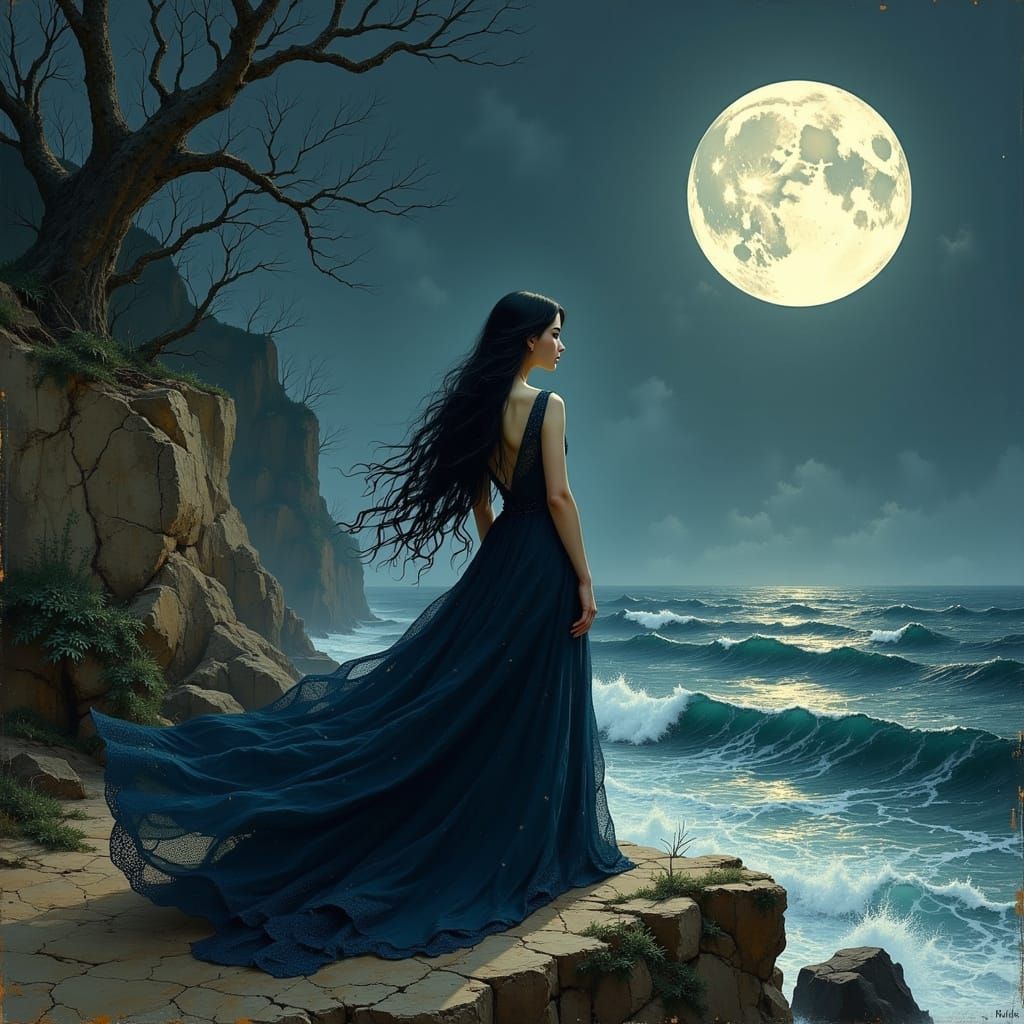 Ethereal Woman on the Stormy Coast in Midnight Blue