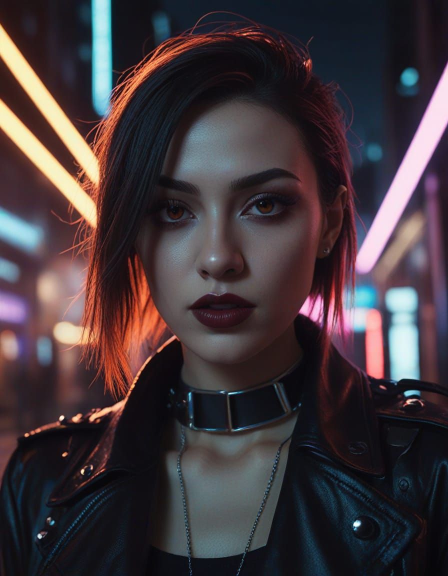 Cyberpunk Vampire Influencer Selfie in Neon Cityscape