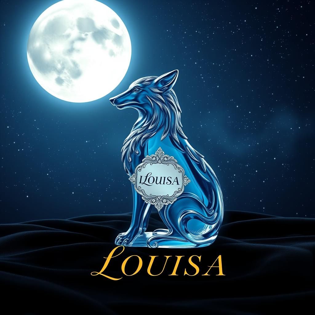 create an image of a perfume that represents me A translucent blue bottle in the shape of a wolf. Like pink scents/caram...