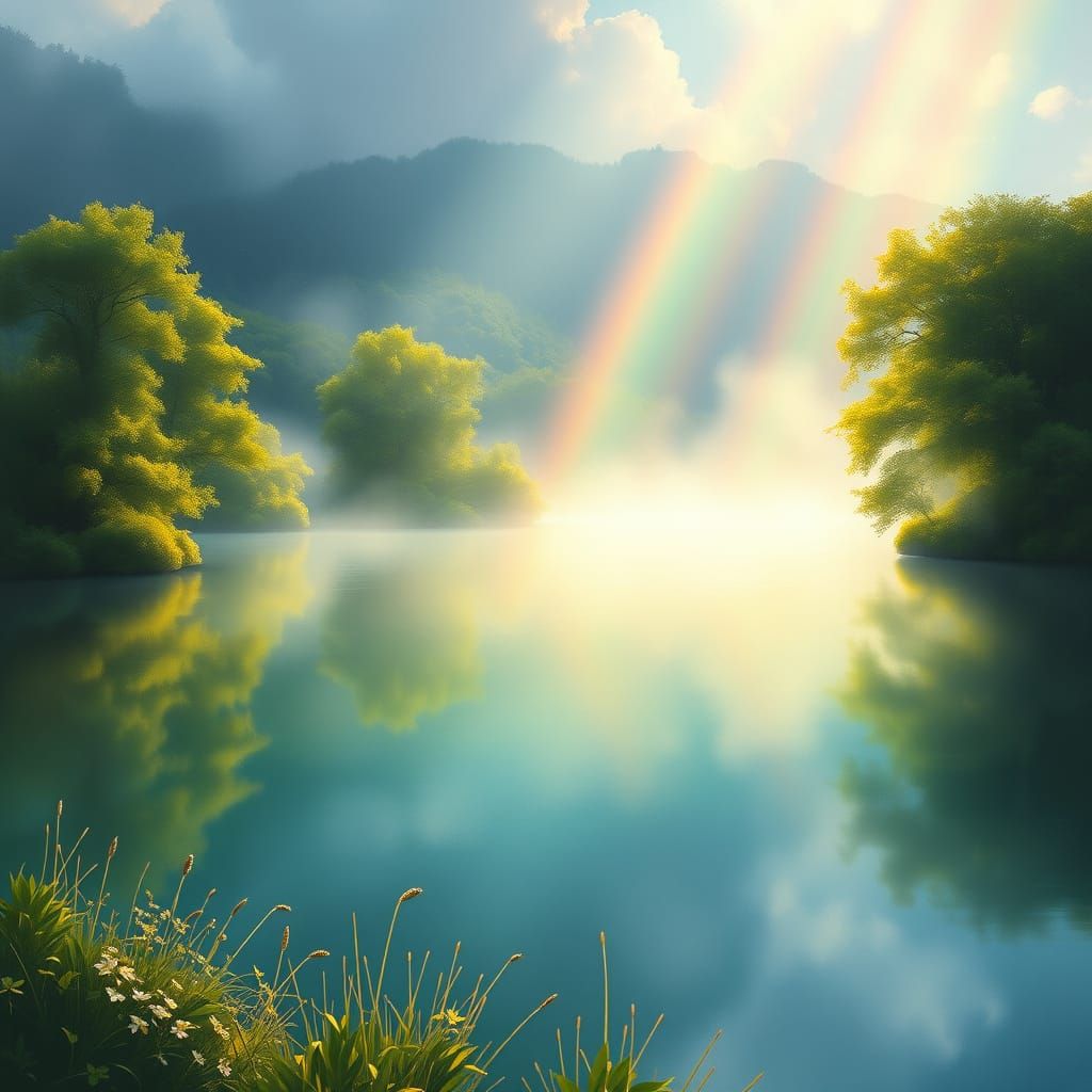 Rainbow Sun Rays Over Serene Lake: Impressionist Style