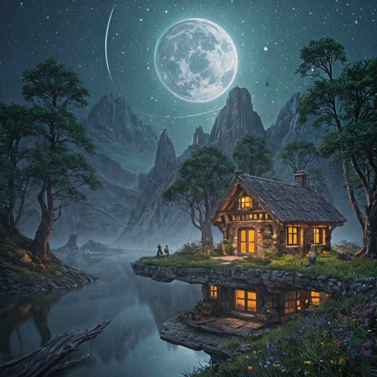 Whimsical Hobbit House on Starry Night with Amber Lights and...