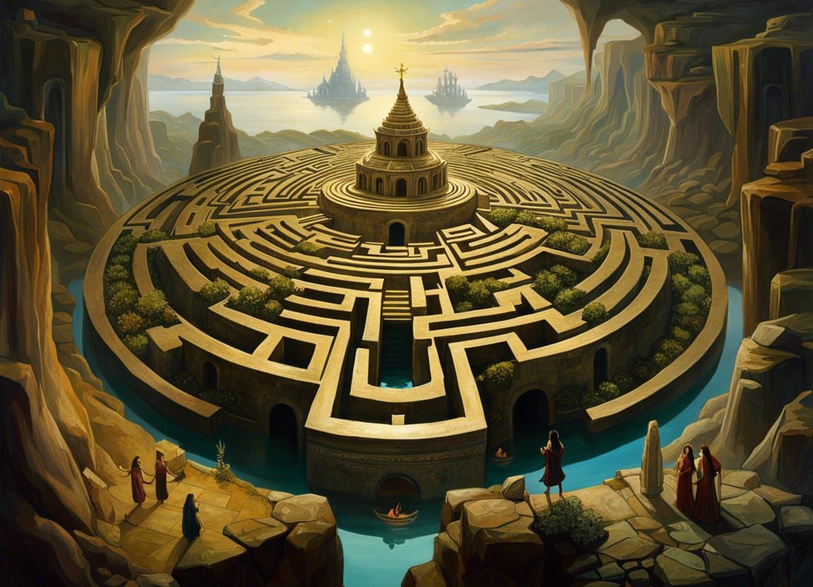 Majestic Labyrinth on Floating Island, Surrealist Illustrati...