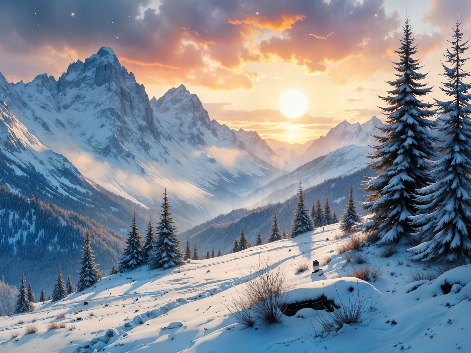 Sunrise Over Winter Swiss Alps in Matte Gouache Style