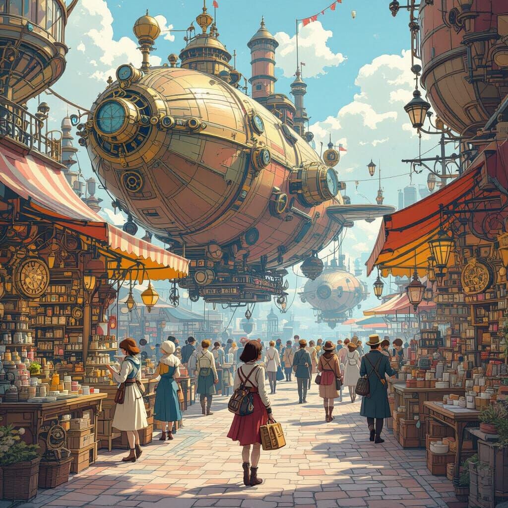 Steampunk Airship Market in Ghibli Style