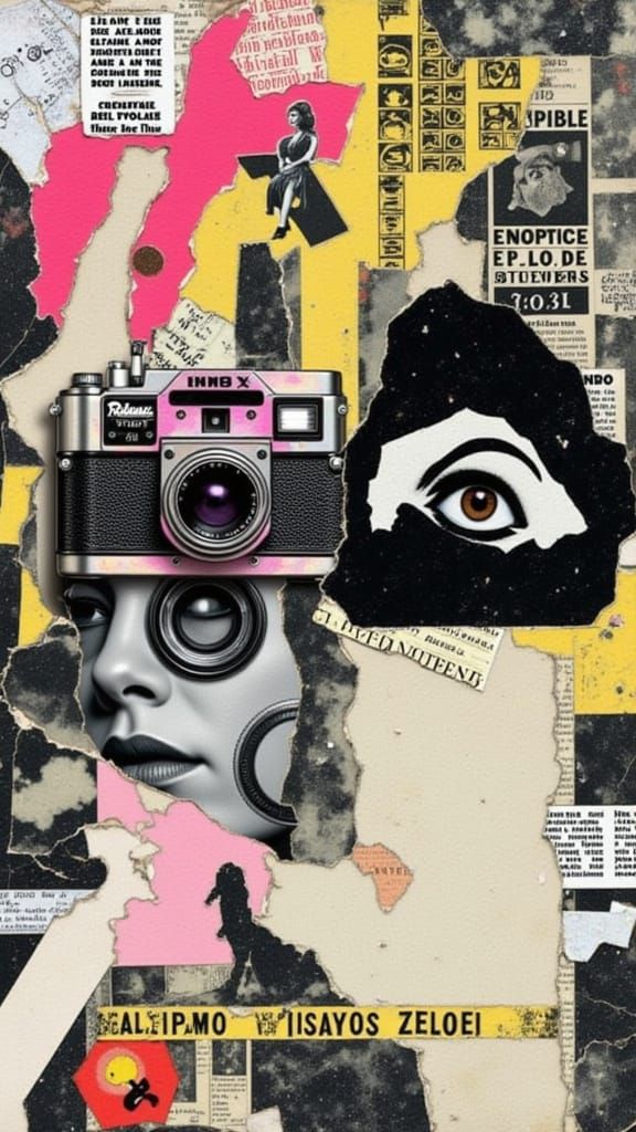 Woman with Vintage Camera Face in Dada Collage Style