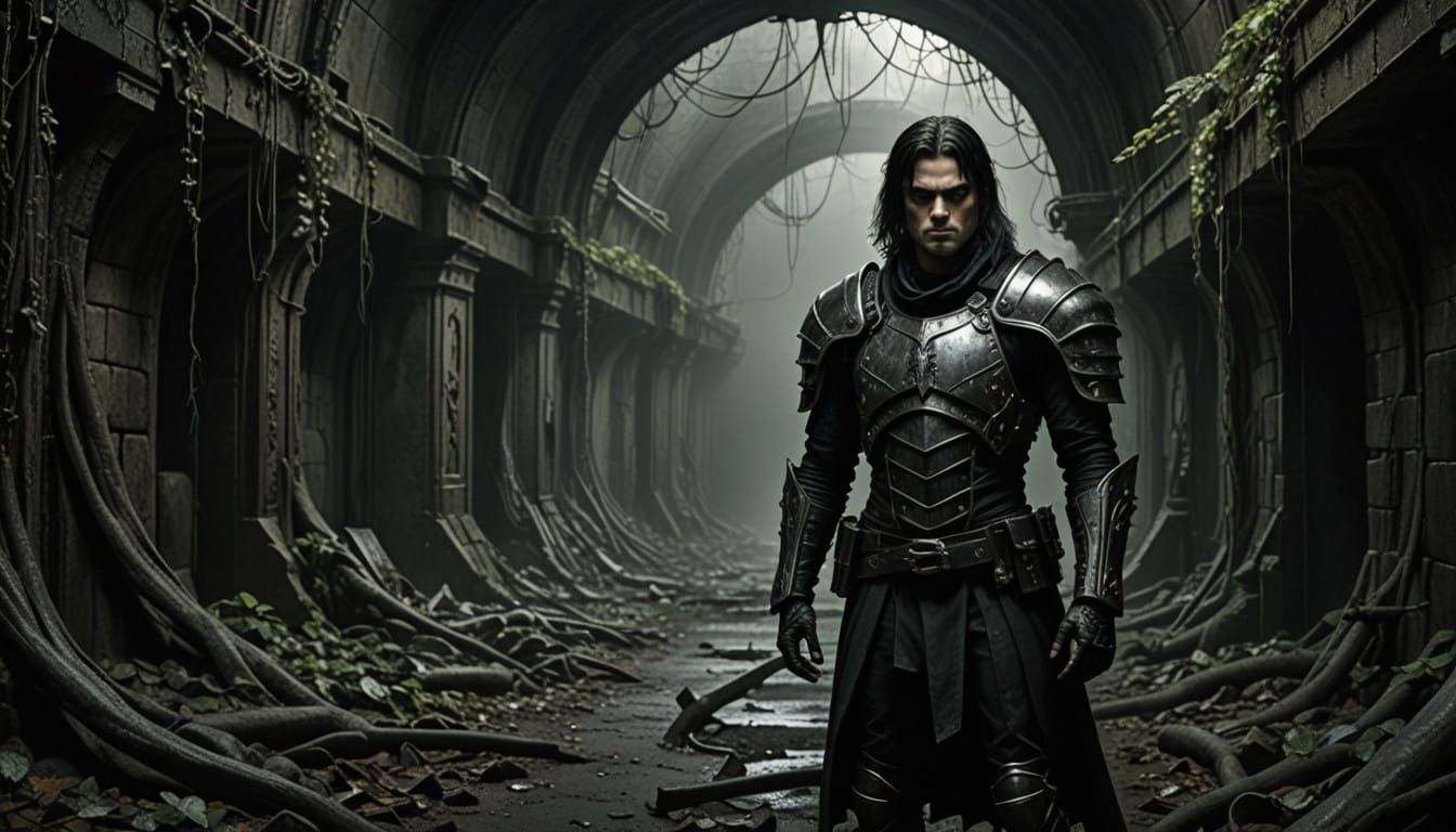 Warrior in a Dark, Ancient Tunnel