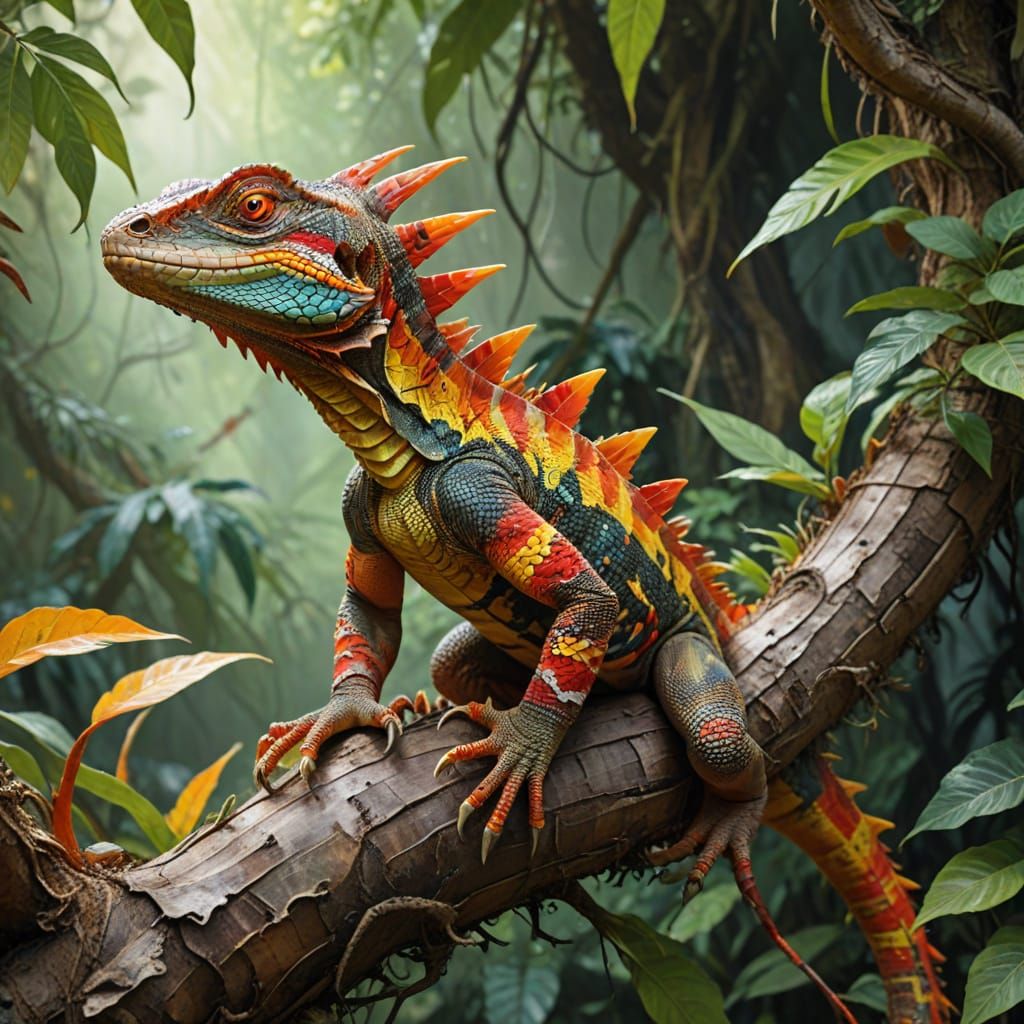 Lizard Climbing Jungle Tree in Abstract Art